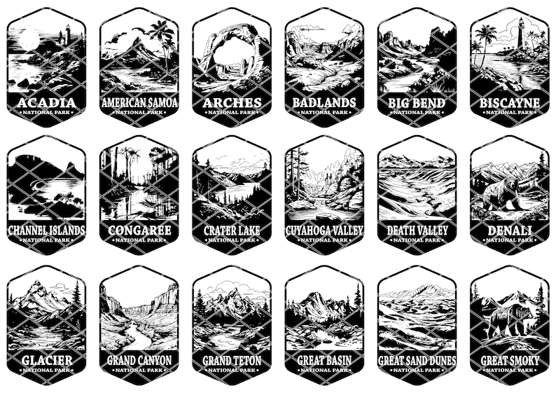 K&ouml;nnte beinhalten: Schwarz-wei&szlig;e Illustrationen von Nationalpark-Abzeichen. Jedes Abzeichen zeigt eine einzigartige Landschaftsszene und den Namen des Parks, wie "Acadia National Park" und "Grand Canyon National Park".