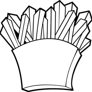 May include: A black and white line drawing of a container of french fries. The fries are arranged in a pile and are sticking out of the top of the container.