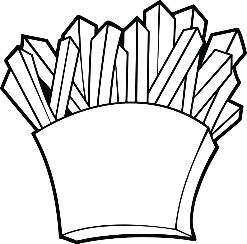 May include: A black and white line drawing of a container of french fries. The fries are arranged in a pile and are sticking out of the top of the container.