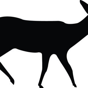 May include: Silhouette of a black deer walking to the right.