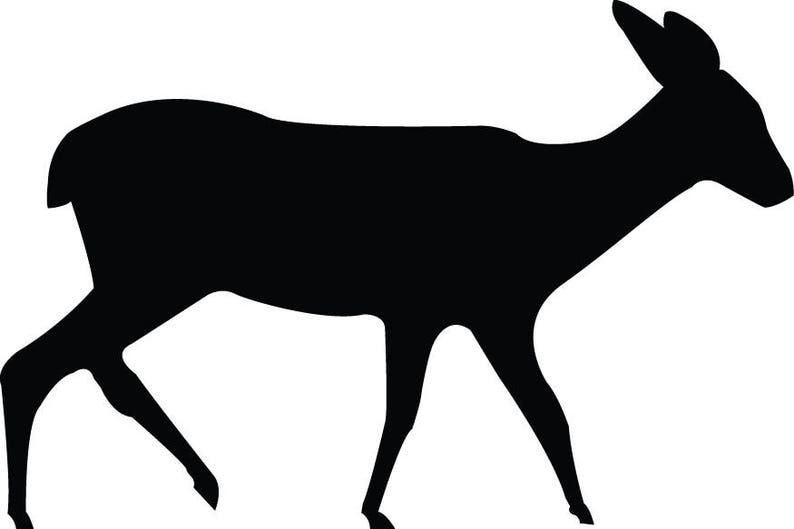 May include: Silhouette of a black deer walking to the right.
