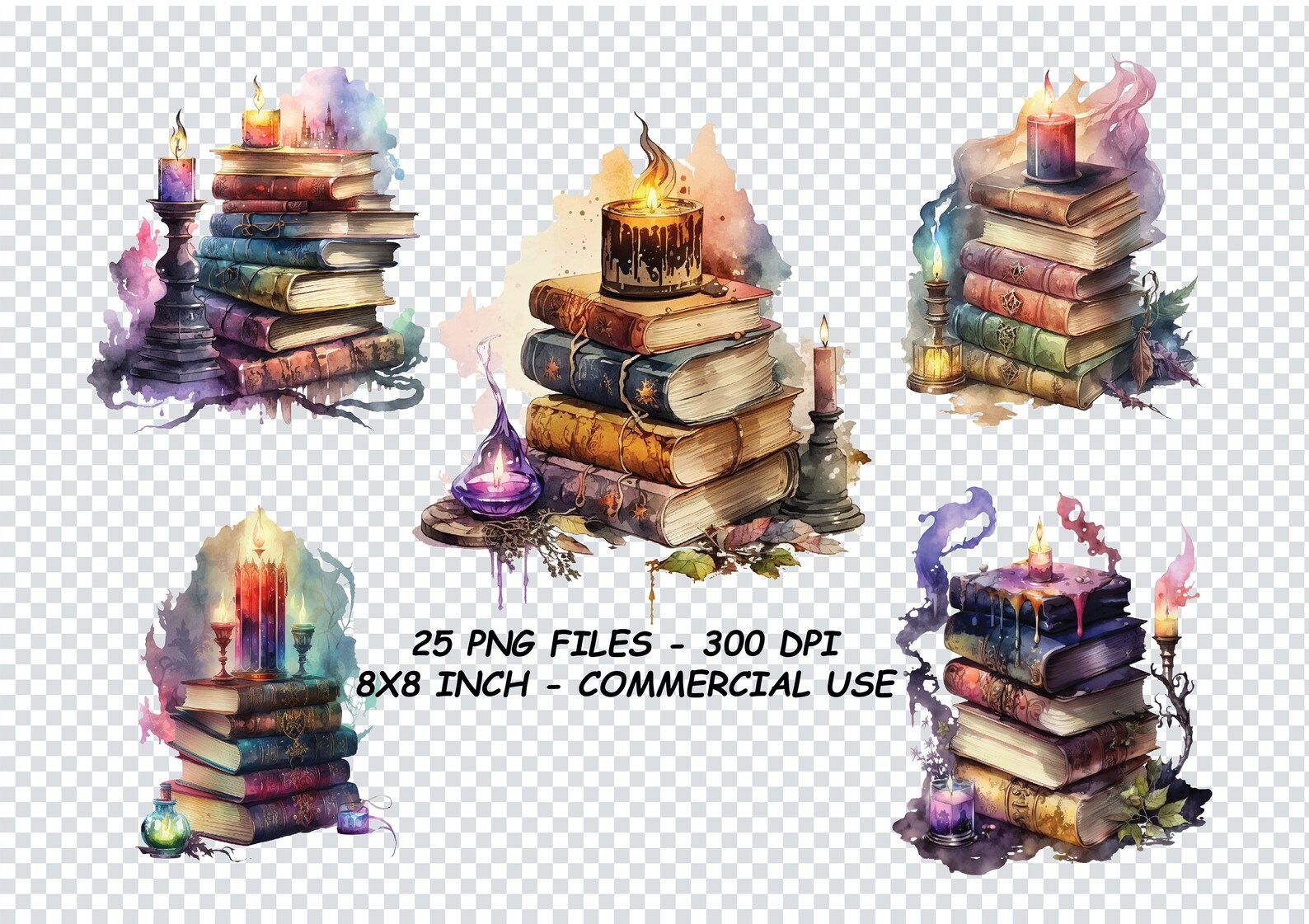 Magic Stack Png MAGIC BOOKS WATERCOLOR Clipart, Books With Candle Watercolor Png, Magic ...