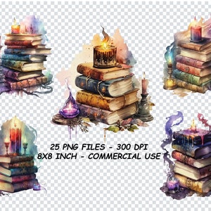 May include: Five watercolor illustrations of stacks of old books with lit candles on top. Each stack has a different color scheme and features a variety of details, including flames, smoke, and a small bottle.