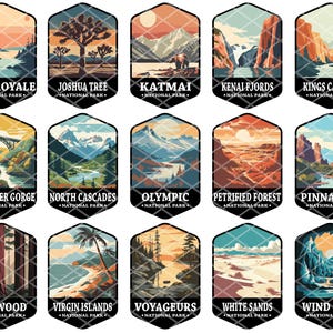 May include: A collection of 15 illustrated national park badges. Each badge features a unique landscape scene and the name of the park, such as "Isle Royale National Park" and "Joshua Tree National Park".