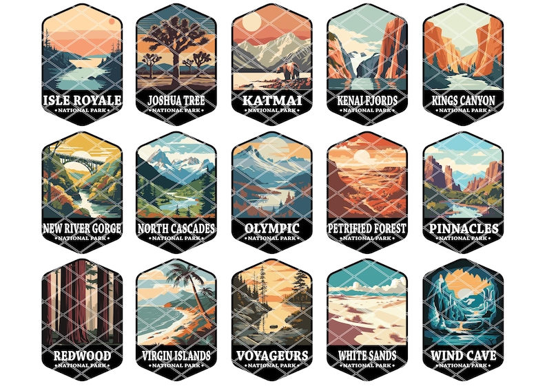 May include: A collection of 15 illustrated national park badges. Each badge features a unique landscape scene and the name of the park, such as "Isle Royale National Park" and "Joshua Tree National Park".
