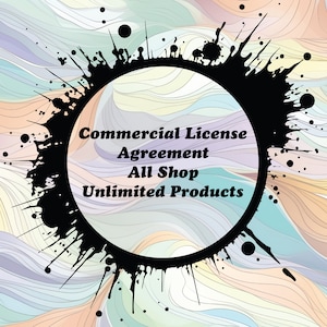 Könnte beinhalten: Ein schwarz-weißes Grafikdesign mit einem Kreis in der Mitte. Der Kreis enthält den Text "Commercial License Agreement All Shop Unlimited Products". Der Kreis ist von einem schwarzen Spritzmuster auf einem Hintergrund aus bunten, wellenförmigen Linien umgeben.