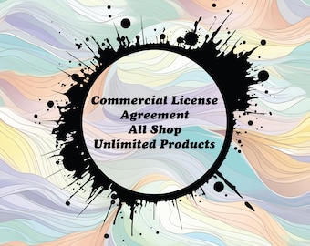 May include: A black and white graphic design with a circle in the center. The circle has the text "Commercial License Agreement All Shop Unlimited Products" inside. The circle is surrounded by a black splatter design on a background of colorful wavy lines.