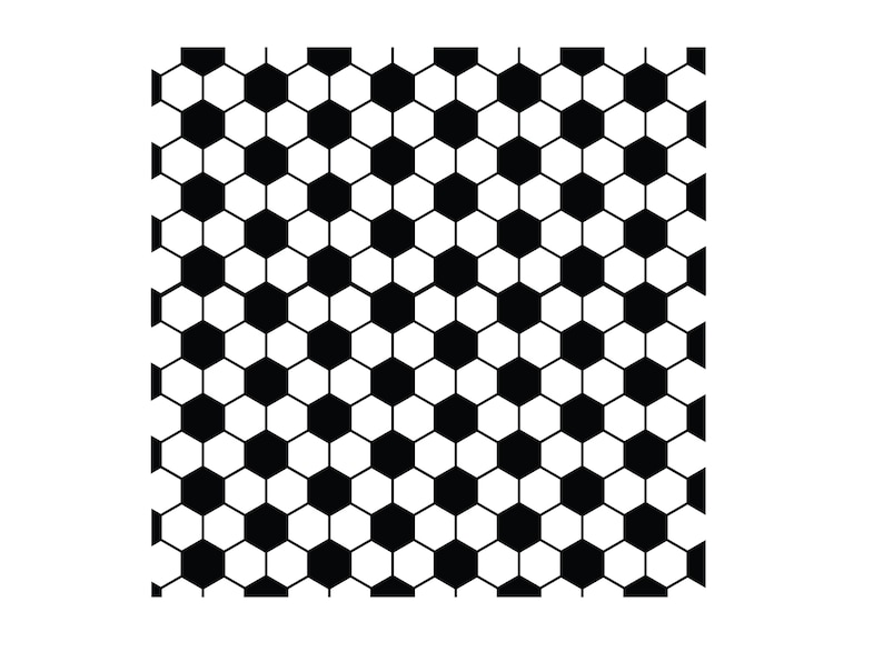 May include: Black and white hexagonal pattern resembling a football.