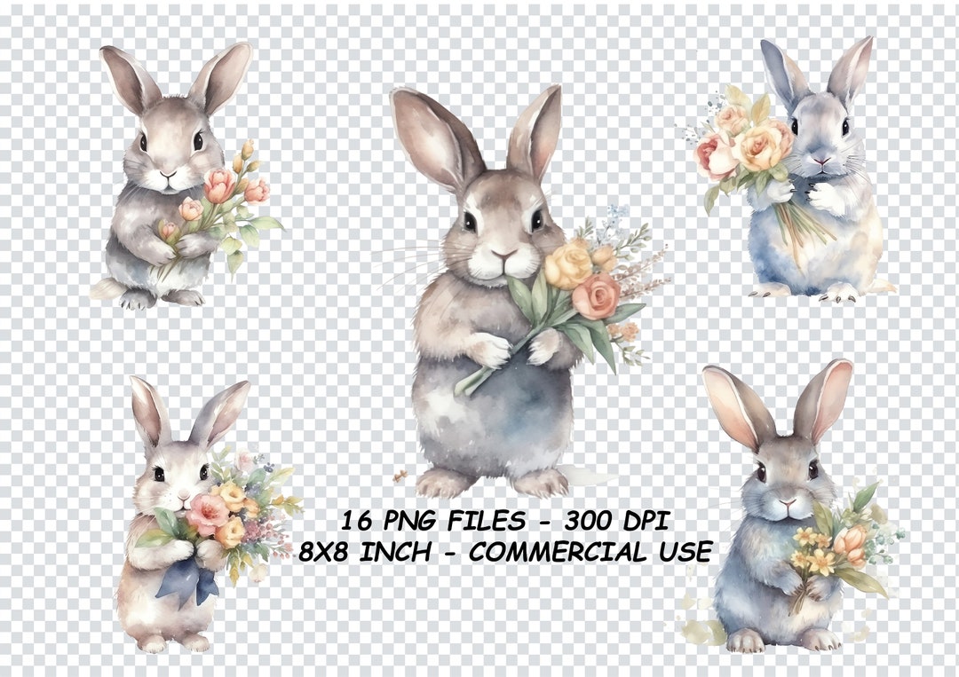 WATERCOLOR BUNNY With FLOWERS Clipart Png, Watercolor Bunny With ...
