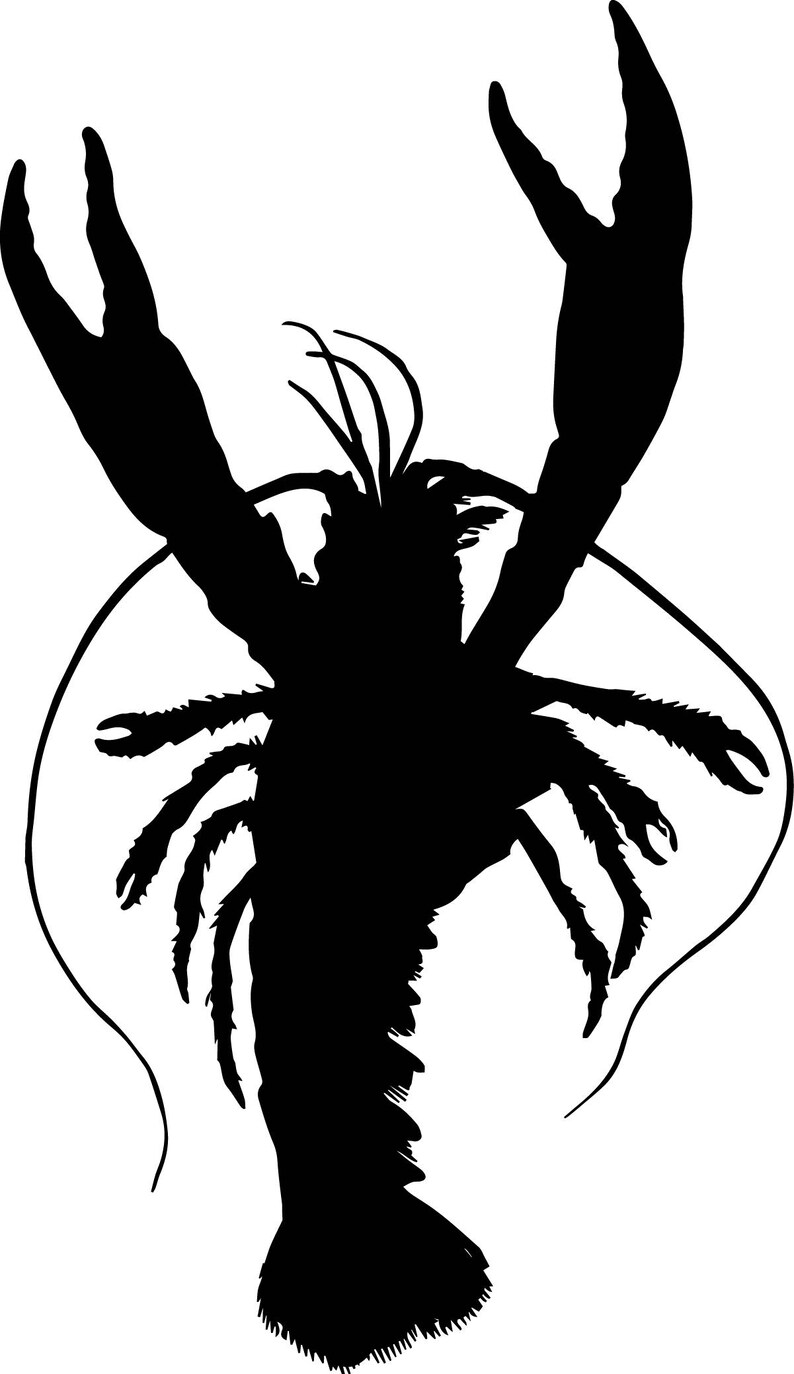 May include: Black silhouette of a lobster with its claws raised. The lobster is facing forward with its tail curled underneath its body.