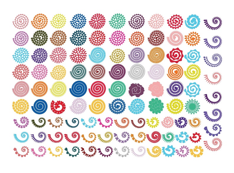 May include: A collection of 72 colorful spiral designs, including full circles and partial spirals, in various colors and patterns.