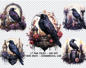 WATERCOLOR GOTHIC RAVENS Clipart, Watercolor Gothic Ravens Clipart Png Files, Transparent Background Png