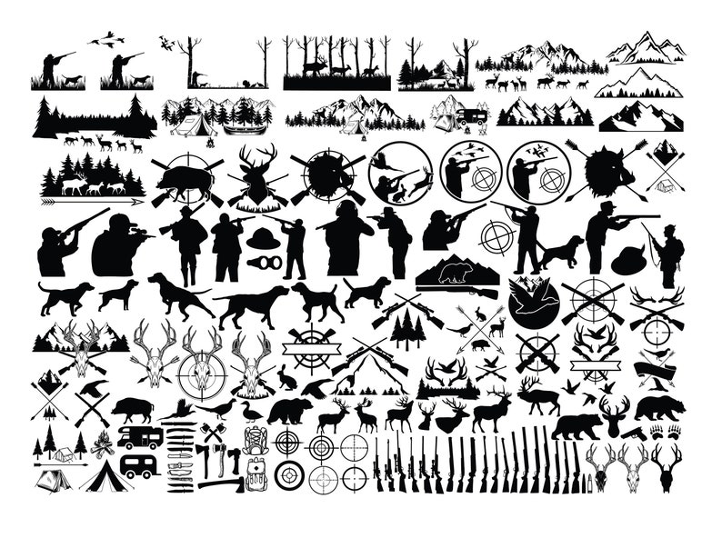 May include: Black and white silhouette illustrations of hunting and outdoors related imagery.  The images include hunters, animals, trees, mountains, crosshairs, rifles, and other hunting gear.