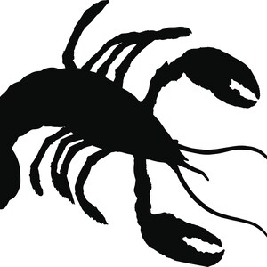 May include: Black silhouette of a lobster with its claws raised. The lobster is facing the right side of the image.