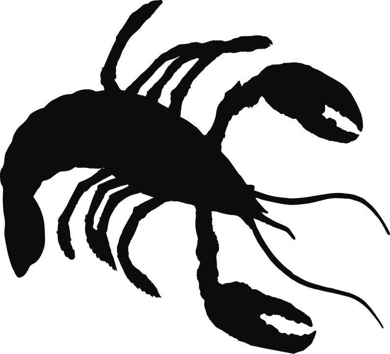 May include: Black silhouette of a lobster with its claws raised. The lobster is facing the right side of the image.