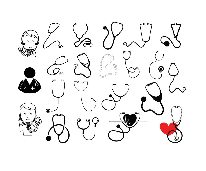 Puede incluir: Una colecci&oacute;n de ilustraciones de estetoscopios en blanco y negro. Los estetoscopios est&aacute;n en varias posiciones y estilos. Un estetoscopio se muestra con un coraz&oacute;n rojo y una l&iacute;nea de latido del coraz&oacute;n.