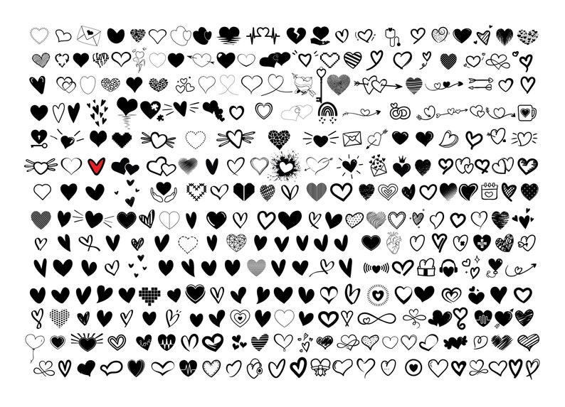 May include: A collection of 100 black and white heart illustrations. The hearts are drawn in various styles, including simple, detailed, and abstract. Some hearts have additional elements, such as arrows, swirls, and other symbols.