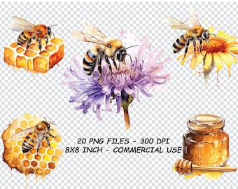 WATERCOLOR HONEY BEE Clipart, Honey Bee Clipart Png, Honey Bee Png For Commercial Use Transparent Background