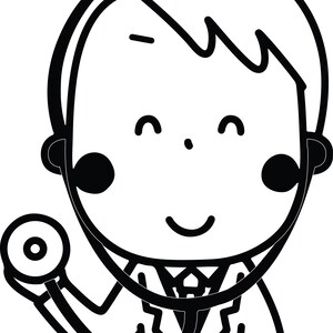 Puede incluir: Un dibujo en blanco y negro de un m&eacute;dico de dibujos animados con un estetoscopio. El m&eacute;dico sonr&iacute;e y tiene un estetoscopio alrededor del cuello.