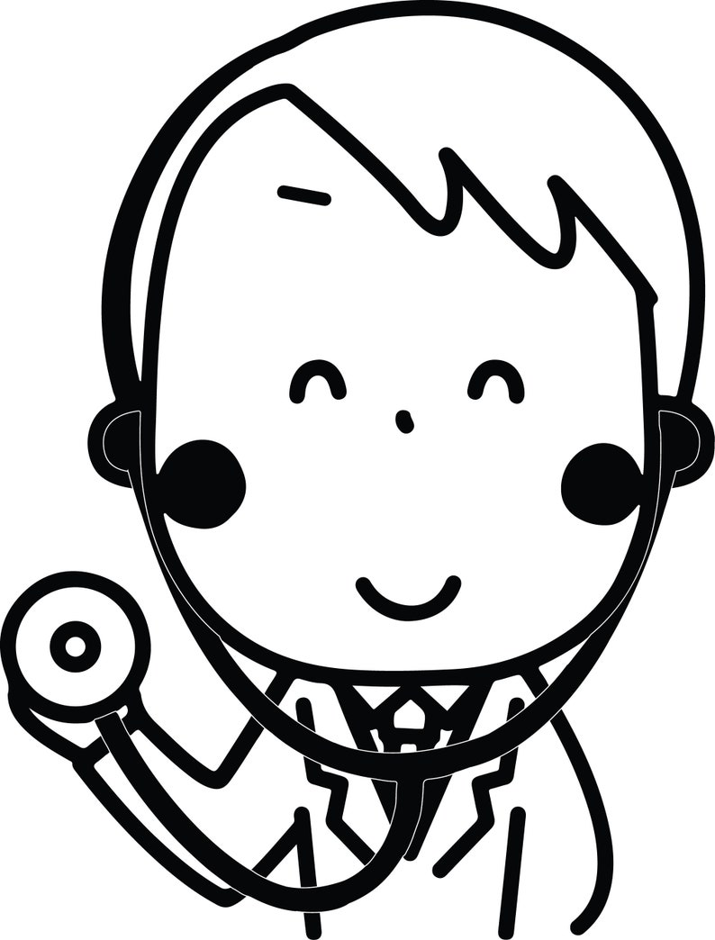 Puede incluir: Un dibujo en blanco y negro de un m&eacute;dico de dibujos animados con un estetoscopio. El m&eacute;dico sonr&iacute;e y tiene un estetoscopio alrededor del cuello.