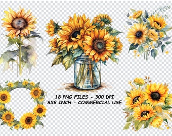WATERCOLOR SUNFLOWERS CLIPART Png, Sunflowers Clipart Png, Sunflowers Clipart For Commercial Use Transparent Background