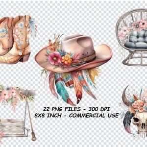 AQUARELL WESTERN BOHO Clipart, Aquarell Western Boho für kommerzielle Nutzung, Cowgirl Floral Wedding Png, transparenter Hintergrund