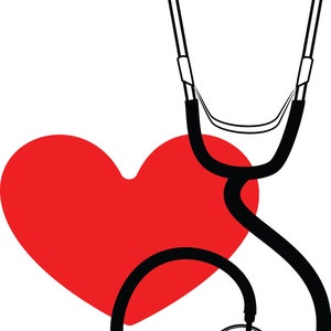 Puede incluir: Un estetoscopio negro con un coraz&oacute;n rojo detr&aacute;s. El estetoscopio es una herramienta m&eacute;dica que se utiliza para escuchar los latidos del coraz&oacute;n y otros sonidos en el cuerpo.
