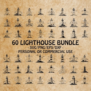 Puede incluir: Un conjunto de 60 ilustraciones de faros en blanco y negro. Las ilustraciones son de estilo vintage y son perfectas para usar en proyectos de manualidades, scrapbooking o diseño digital. El texto en la imagen dice "60 Lighthouse Bundle - SVG/PNG/EPS/DXF - Personal or Commercial Use - "