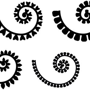 May include: Eight black and white swirl designs with a floral pattern. The swirls are all facing the same direction and have a similar shape.