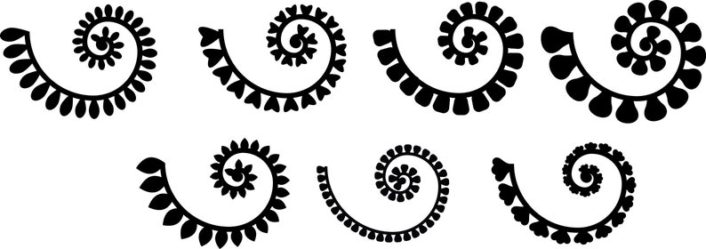 May include: Eight black and white swirl designs with a floral pattern. The swirls are all facing the same direction and have a similar shape.