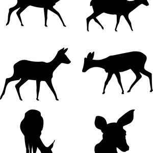 May include: Silhouettes of six deer in various poses. The deer are all facing different directions and are in a variety of positions, including standing, walking, and lying down.