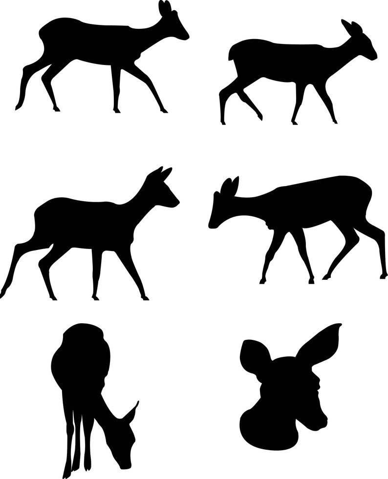 May include: Silhouettes of six deer in various poses. The deer are all facing different directions and are in a variety of positions, including standing, walking, and lying down.
