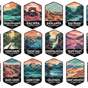 May include: A collection of 16 colorful hexagonal badges featuring scenic landscapes and the names of various national parks in the United States. Each badge includes the park's name and "National Park" below it.