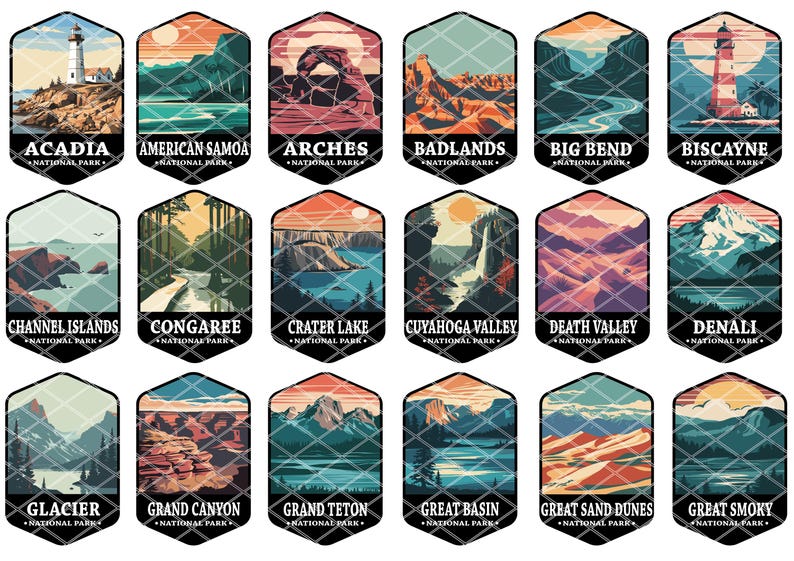 May include: A collection of 16 colorful hexagonal badges featuring scenic landscapes and the names of various national parks in the United States. Each badge includes the park's name and "National Park" below it.