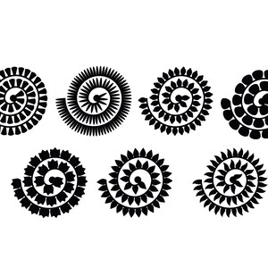 May include: Set of seven black and white floral designs, each with a spiral pattern. The designs are similar but have slight variations in the shape of the petals.