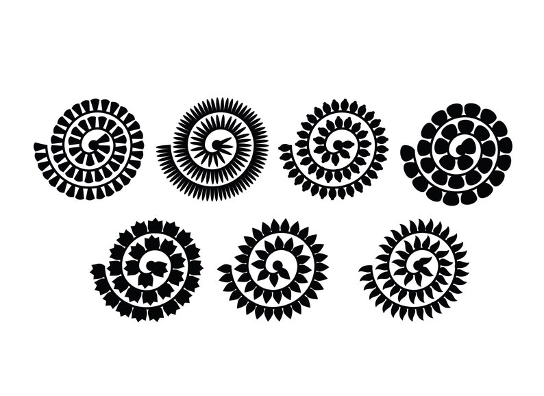 May include: Set of seven black and white floral designs, each with a spiral pattern. The designs are similar but have slight variations in the shape of the petals.