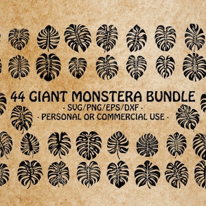 May include: A collection of 44 black Monstera leaf designs on a tan background. The text "44 GIANT MONSTERA BUNDLE" is displayed, along with file type information and usage details. The leaves are in various sizes and orientations.