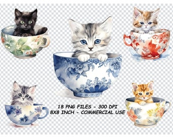 WATERCOLOR KITTEN in a CUP Clipart, Kitten in a Cup Clipart Png, Kitten in a Cup Png Commercial Use Transparent Background