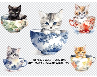 WATERCOLOR KITTEN in a CUP Clipart, Kitten in a Cup Clipart Png, Kitten in a Cup Png Commercial Use Transparent Background