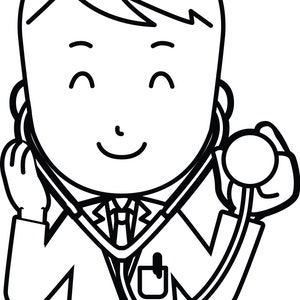 Puede incluir: Un dibujo en blanco y negro de un m&eacute;dico sonriendo y sosteniendo un estetoscopio.