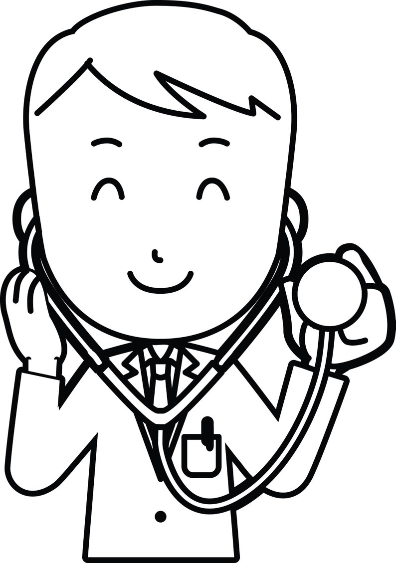 Puede incluir: Un dibujo en blanco y negro de un m&eacute;dico sonriendo y sosteniendo un estetoscopio.