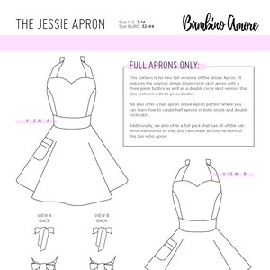 May include: Line drawing sewing pattern for a retro apron with a sweetheart neckline and a circle skirt. The pattern includes two full apron versions and two half apron versions. The pattern is called "The Jessie Apron" and is available in sizes US 2-14 and Euro 32-44.