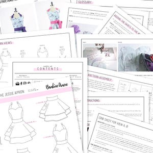 May include: A sewing pattern for a Jessie apron with a ruffled skirt. The pattern includes instructions for assembling the apron, as well as a crib sheet for the different views. The pattern is designed by Bambino Amore.