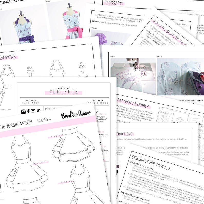 May include: A sewing pattern for a Jessie apron with a ruffled skirt. The pattern includes instructions for assembling the apron, as well as a crib sheet for the different views. The pattern is designed by Bambino Amore.