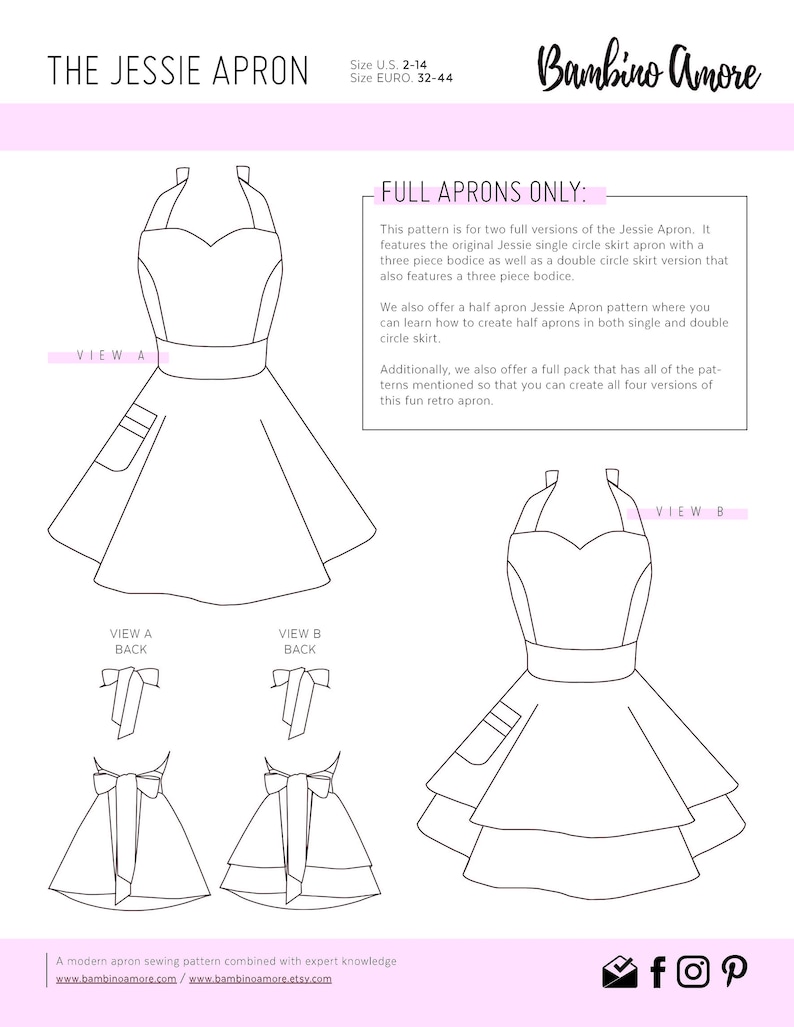 May include: Line drawing sewing pattern for a retro apron with a sweetheart neckline and a circle skirt. The pattern includes two full apron versions and two half apron versions. The pattern is called "The Jessie Apron" and is available in sizes US 2-14 and Euro 32-44.