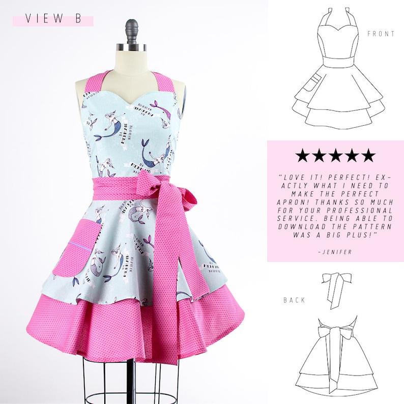 May include: A pink and blue apron with a mermaid print and a pink polka dot ruffle. The apron has a large pocket on the front and a tie at the back. The apron is on a white background.