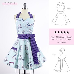 May include: A light blue apron with a mermaid print and purple polka dots. The apron has a sweetheart neckline and a purple polka dot sash. The apron is on a white mannequin. The text on the apron says "Oh, Mermaid, Where Art Thou?"
