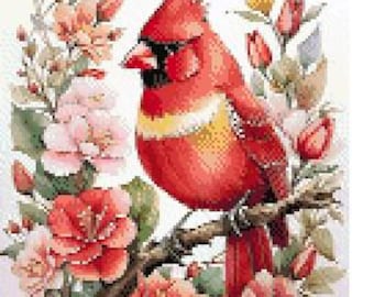 Cardinal Counted Cross Stitch Pattern, Bird Cross Stitch, Floral Cross Stitch, Spring Cross Stitch Pattern – PDF Download