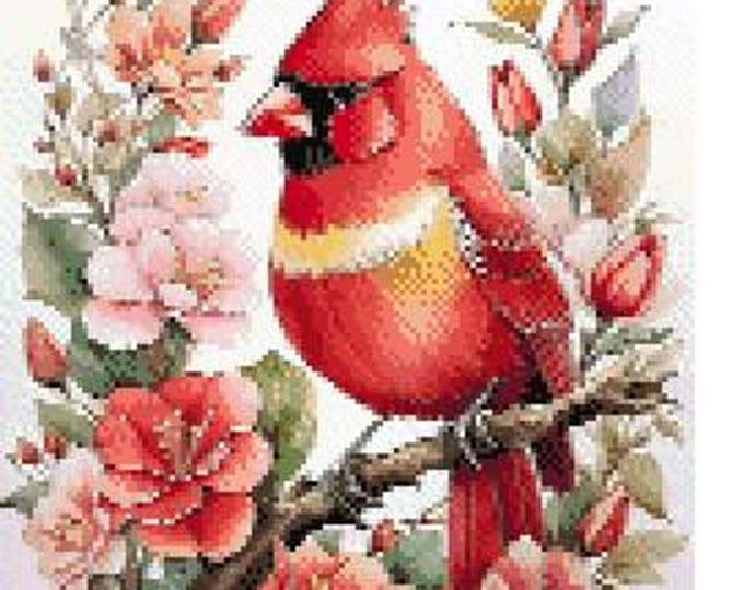 Cardinal Counted Cross Stitch Pattern, Bird Cross Stitch, Floral Cross Stitch, Spring Cross Stitch Pattern – PDF Download