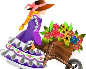 Flower Cart Girl Counted Cross Stitch Pattern, Floral Cross Stitch, Girl Cross Stitch, Summer Cross Stitch, Spring Pattern – PDF download